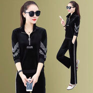 tzbt金絲絨運動(dòng)服套裝女春秋新款時(shí)尚歐美立領(lǐng)衛衣女裝兩件套 401#黑色 XL 建議115-130斤內