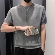 管先生短袖毛衣男士秋冬款加厚短袖t恤圓領(lǐng)修身半袖針織衫保暖內(nèi)搭小衫 M05灰色 XL 建議125-140斤