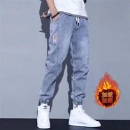 牛仔褲男春秋新款簡(jiǎn)約束腳褲九分褲工裝褲哈倫褲子男生個(gè)性休閑褲 藍(lán)色加絨 XL
