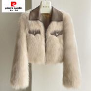 皮爾卡丹（pierre cardin）外套女韓版翻領(lǐng)洋氣小香風(fēng)仿皮草大衣淺仿狐貍毛絨絨短外套春秋女 杏色 XL 120-130斤