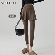 VOEDOOU鯊魚(yú)裙褲女假兩件運動(dòng)瑜伽褲高腰收腹提臀顯瘦大碼打底褲芭褲比薄 深咖色 L碼 100-120斤
