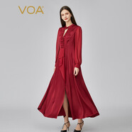 VOA40姆米雙面鍛桑蠶絲半開領(lǐng)鏤空塔克褶喬其活頁(yè)真絲連衣裙 AE1170 浮紅流丹(H7) L