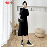 她風(fēng)采 針織打底連衣裙女秋冬內搭半高領(lǐng)小個(gè)子寬松中長(cháng)款毛衣裙過(guò)膝長(cháng) 黑色-長(cháng)款【衣長(cháng)105cm左右】薄款 S 建議95斤內