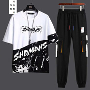 寫(xiě)璇 男裝夏季短袖t恤套裝男長(cháng)褲中袖一套衣服 男生夏天春夏日韓版潮流學(xué)生夏裝男士青少年半袖整套運動(dòng)裝 潑墨上白色短袖套裝 L（105-115斤）