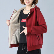 清雅若蘭加絨加厚衛(wèi)衣女裝連帽冬季拉鏈開衫寬松休閑仿羊羔絨短款純棉外套 酒紅 2XL
