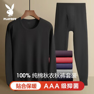 花花公子秋衣秋褲男100%棉薄款男士秋冬棉抗菌保暖內(nèi)衣男套裝打底棉毛褲 黑色圓領(lǐng)【100%棉】 XL