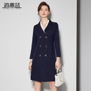 海青藍(lán)（CYANINE SEA）簡(jiǎn)約通勤時(shí)尚線條西裝連衣裙女2024秋裝新款雙排扣修身?xiàng)l紋A字裙 條紋 L