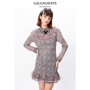 LULUALWAYS冬季新款法式氣質(zhì)拼接網(wǎng)紗繡花長(cháng)袖連衣裙 紫色 S