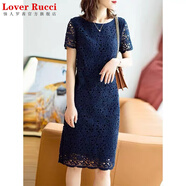 LOVER RUCCI法國高品質(zhì)輕熟風(fēng)修身蕾絲夏天連衣裙女洋氣直筒裙子 藏青色 XL 建議120-130斤
