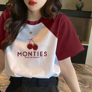 歐洛黛（OULUODAI）短袖t恤女寬松新款女裝時(shí)尚撞色拼接圓領(lǐng)上衣純棉夏裝百搭T女短袖 紅肩 紅櫻桃 M