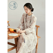 紫涵國風(fēng)復古連衣裙原創(chuàng  )花卉滿(mǎn)印中長(cháng)裙秋季雪紡立領(lǐng)裙子 蒹葭灰 L