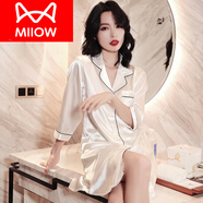 貓人（MiiOW）襯衫睡裙女男友風(fēng)白色睡衣性感外穿夏天冰絲綢襯衫簡(jiǎn)約家居服春秋 7分袖襯衫睡裙珍珠白 L