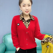 秋冬天穿的有領子翻領針織衫女士反領打底毛衣秋冬季雙面德絨保暖豹紋領打底衫百搭修身顯瘦洋氣P 紅色 L_90-105斤