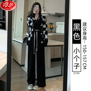 浪莎窄版闊腿褲女春秋新款加絨加厚高腰直筒休閑顯瘦寬松燈芯絨褲子 Z194扁繩黑色-九分 S 85-95斤