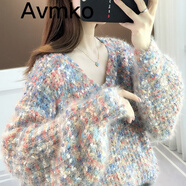 Avmko秋冬新款女寬松外穿漸變混色慵懶風(fēng)馬海毛針織衫時(shí)尚氣質(zhì)外套上衣 藍(lán)紅 均碼