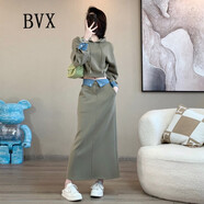 BVX歐洲站時(shí)尚休閑套裝裙女春秋款新款牛仔拼接連帽衛衣中長(cháng)裙兩件套 卡綠色 S