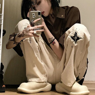 全鶯月高街vibe破洞補(bǔ)丁牛仔褲女高腰設(shè)計(jì)感國(guó)潮直筒顯瘦闊腿長(zhǎng)褲子 米白 3XL碼【建議150-170斤】