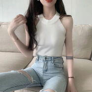 SKONWAT黑色顯瘦吊帶無袖挖肩小背心女打底外穿辣妹掛脖短款百搭上衣夏季 白色 均碼【70斤-120斤】