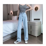 歐美性感緊身包臀高腰闊腿牛仔褲女彈力微喇超模褲辣妹拖地喇叭褲 常規 淺藍闊腿-【關(guān)注】 L