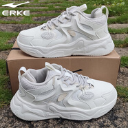 鴻星爾克（ERKE）運動鞋皮面防水跑步鞋輕便情侶款防滑老爹鞋春季新款輕便休閑鞋子 橡芽白/暖亞麻 35