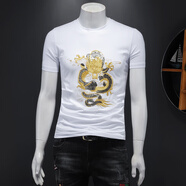 閃爆輕奢亮片刺繡短袖t恤男圓領(lǐng)修身龍圖案半袖小衫胖哥大碼夏裝上衣 19504白色金龍 XL