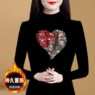 全穎蕾薄款/加絨半高領(lǐng)鑲鉆黑色打底衫2021秋冬大媽長(cháng)袖T恤女中年小衫 520A#【心形】黑色 加絨保暖 2XL 【建議120-130斤】