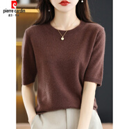 皮爾卡丹（pierre cardin）春秋圓領(lǐng)短袖女毛衫寬松短款打底衫半袖針織衫薄款夏季針織短袖衫 【咖啡】短袖圓領(lǐng) 2XL 【135-155斤】