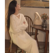 西兒法式針織連衣裙女春秋配大衣打底單穿新款長(zhǎng)款毛衣裙 毛衣連衣裙米白色均碼90-130斤
