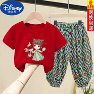 迪士尼（Disney）女童套裝2023夏裝新款兒童衣服純棉T恤半袖女寶寶短袖長(cháng)褲兩件套 古風(fēng)女孩 紅色t+民風(fēng)褲 100 【身高90-100CM】