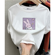 恒源祥2025新款正肩磨毛短袖T恤女時(shí)尚百搭加厚上衣純棉打底衫春秋冬季 白色（兔子宇航員款 磨毛款） XL