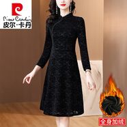 皮爾卡丹（pierre cardin）黑色蕾絲加絨長袖女士連衣裙秋冬2025冬季新款修身旗袍裙子女冬款 黑色加絨 L 106-115斤
