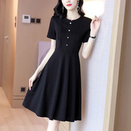 哈曼萊登連衣裙女夏季法式2024新款短袖名媛赫本小黑裙氣質(zhì)顯瘦小裙子女裝 01黑色 M【建議85-105斤】