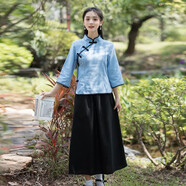 檸鑫焱民國學(xué)生裝女五四青年裝民國風(fēng)女裝中山裝男班服舞臺合唱表演服裝 藍色上衣+長(cháng)裙 L