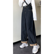 羋虹緣秋冬復古學(xué)生高腰大號加絨加厚牛仔褲女寬松顯瘦翻邊直筒闊腿褲 黑 XL碼 29