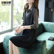 莎妮朵羅大碼女裝胖妹妹秋裝新品mm遮肚顯瘦款假兩件寬松長袖連衣裙17409 黑色 L 建議90-110斤穿著