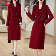 皮爾卡丹（pierre cardin）紅色毛呢套裝裙子秋冬新款喜婆婆婚姻加厚呢料連衣裙女兩件套 酒紅 M