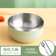詩嘉麗碗筷不銹鋼碗家用碗個人專用餐具單人碗碟套裝飯碗一人食筷子碗小 大碗+筷勺【綠色】 14cm