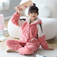 嚕嚕牛女童睡衣兒童珊瑚絨睡衣寶寶小孩子秋冬中小童保暖家居服套裝 61211-粉色 150 (16碼建議身高140-145)