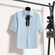 SSCURVE夏天教資面試服裝通勤短袖襯衫半身裙套裙職業(yè)套裝氣質(zhì)工裝 藍色襯衫 XL （建議120-135斤）