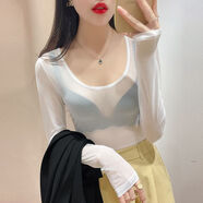 喬駿晟大領口網紗打底衫女透明低領黑色長袖內搭薄紗衣性感蕾絲上衣 白色(前后低領) XL 適合體重125斤以內