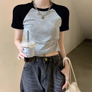 妃麗慕尚（FEILIMUSHANG）2025年夏季新款純棉正肩拼色短袖t恤女小個子修身短款上衣辣妹ins 803灰純色 M