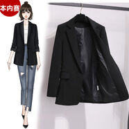 OIUO春秋新款小西裝女韓版休閑中長款百搭Chic套裝英倫風(fēng)西服外套 黑色 L