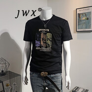 JWX 香港潮牌刺繡印花圓領(lǐng)T恤男  2024夏季新款休閑潮流韓版短袖上衣 黑色 2XL