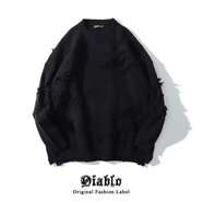 菲尼東爵（FNAADOOG）破洞毛衣男寬松潮流日系復(fù)古百搭休閑下擺開(kāi)叉針織衫線衣外套外穿 杜噠 828黑色 XL