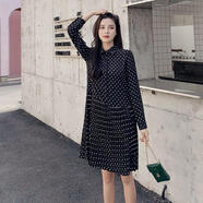腿中狼長(cháng)袖雪紡連衣裙女秋裝新款寬松顯瘦遮肚子加絨打底襯衫百褶裙 黑花 S