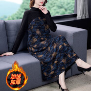 奧絲婕（Aosijie）翠花長(cháng)袖連衣裙女秋新款氣質(zhì)過(guò)膝系帶收腰顯瘦大擺裙打底裙長(cháng)裙子 藍色加絨 M