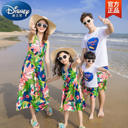迪士尼（Disney）三亞旅游沙灘親子裝夏裝波西米亞母女連衣裙長(zhǎng)裙一家三口四口套裝 藍(lán)底綠葉紅花 165 媽媽S碼