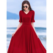 【特價(jià)撿漏】高檔輕奢品牌紅色裙子2022女夏新款小個(gè)子長(cháng)款大擺雪紡連衣裙超仙氣質(zhì)沙灘長(cháng)裙 (酒紅色連衣裙-五分袖) XL(建議110-120斤)