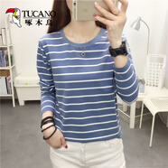 啄木鳥(niǎo)條紋長(cháng)袖T恤女裝2026體恤衫春秋新款時(shí)尚寬松簡(jiǎn)約休閑百搭上秋衣 128藍色  5XL 建議180-200斤