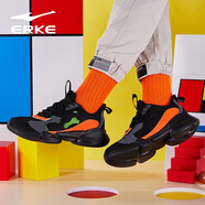 鴻星爾克（ERKE）跑步鞋男織面皮革拼接撞色流暢輕便舒適戶(hù)外休閑鞋運動(dòng)鞋 正黑/熒光賽車(chē)橙 43